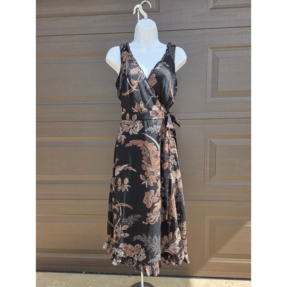Jonathan Martin Black Floral Wrap Dress Sleeveless Ruffle Midi Grunge Fairy 6